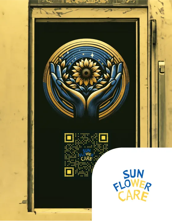 Image of a sunflower hold in two hands below a qr code of sunflower care e.V.