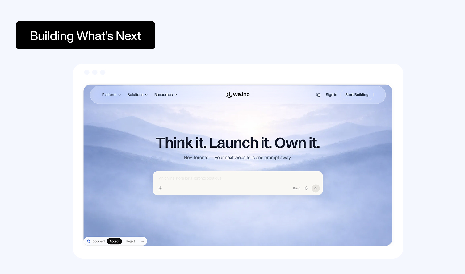 We.inc homepage showing AI website builder platform