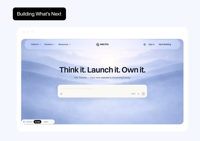We.inc homepage showing AI website builder platform