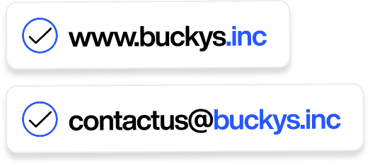 Two labels showing website URL www.buckys.inc and email contactus@buckys.inc with blue checkmarks on the left.