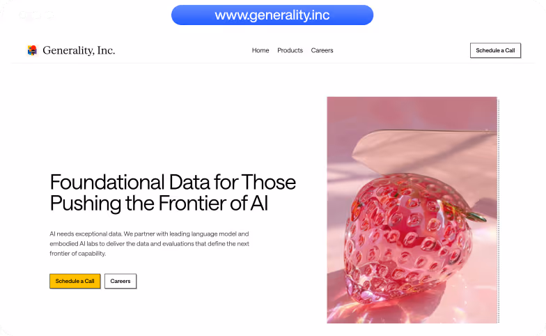 Homepage of Generality, Inc. with headline 'Foundational Data for Those Pushing the Frontier of AI' and a glass strawberry art piece on a pink background.