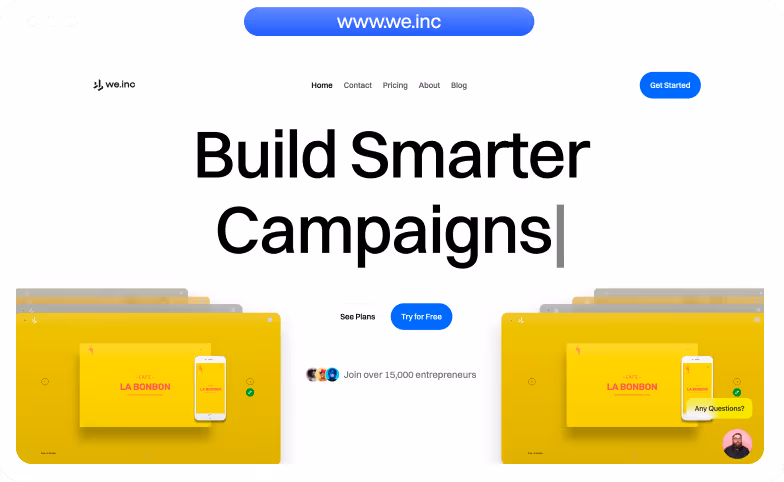 Website homepage of we.inc with navigation links and the text 'Build Smarter Campaigns' prominently displayed, featuring yellow screen mockups and buttons for 'See Plans' and 'Try for Free'.