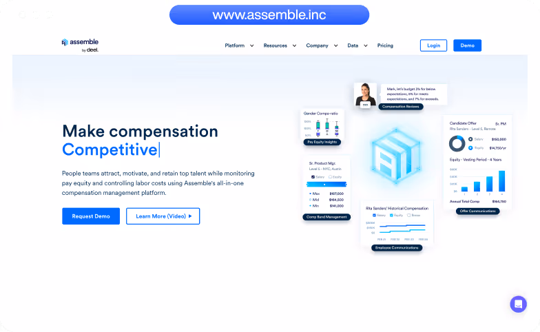 Assemble by Deel website homepage showing compensation management platform with charts, graphs, and call-to-action buttons for demo and video.