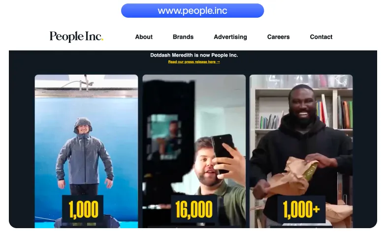 Website banner for People Inc. showing three images with numbers 1,000, 16,000, and 1,000+ representing milestones or achievements.