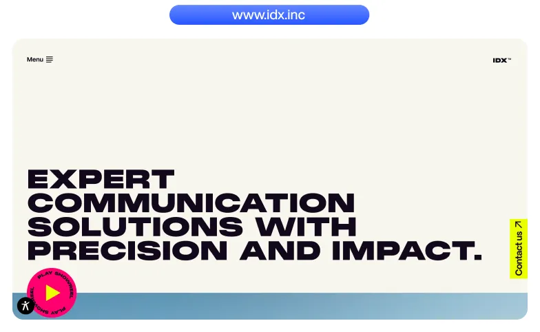 Website homepage banner with bold text stating 'Expert communication solutions with precision and impact,' a menu icon, IDX logo, and contact us button.