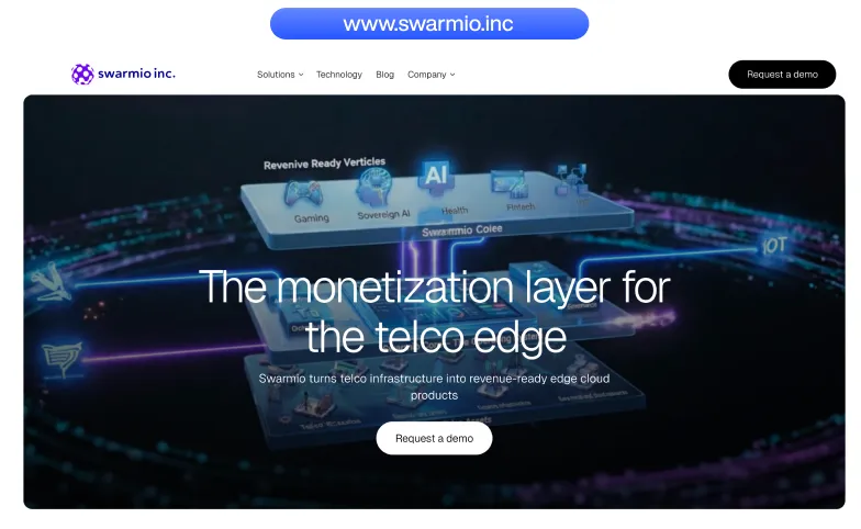 Swarmio Inc. homepage displaying a layered diagram representing the monetization layer for the telco edge featuring AI and various revenue-ready verticals like gaming and health.