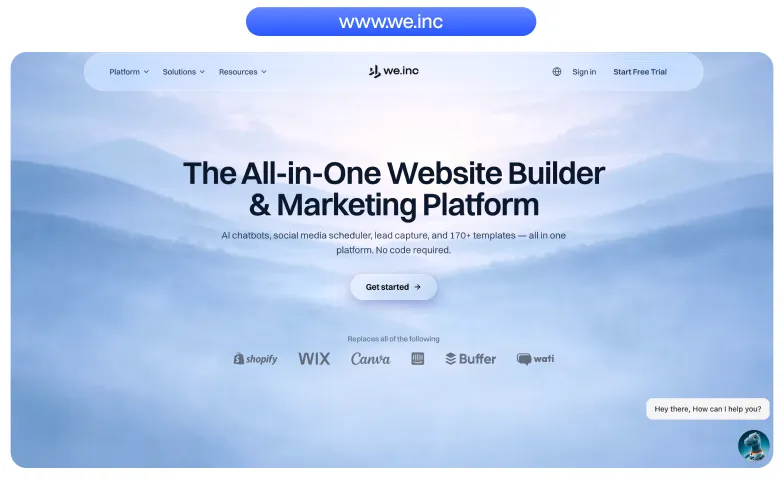Website homepage showcasing 'The All-in-One Website Builder & Marketing Platform' with a call-to-action button and logos of platforms replaced like Shopify, Wix, Canva, Buffer, and Wati on a blue misty mountain background.