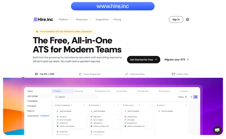 Hire.inc homepage showing tagline 'The Free, All-in-One ATS for Modern Teams' with a user interface screenshot of applicant tracking system columns for candidates, screening, offers sent, and hired.