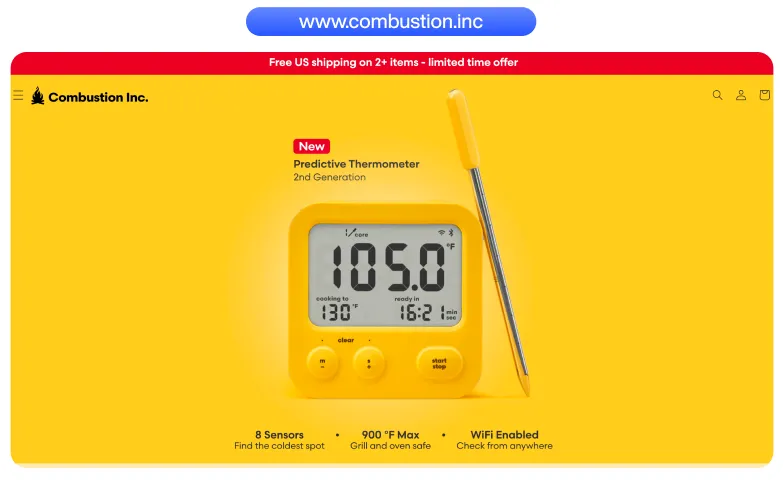 Yellow Predictive Thermometer 2nd Generation with digital display showing 105.0°F, highlighting features like 8 sensors, 900°F max temperature, and WiFi enabled.