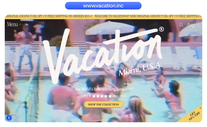 Website homepage for Vacation sunscreen showing people around a pool with text promoting 'The World's Best-Smelling Sunscreen' and a shopping button.