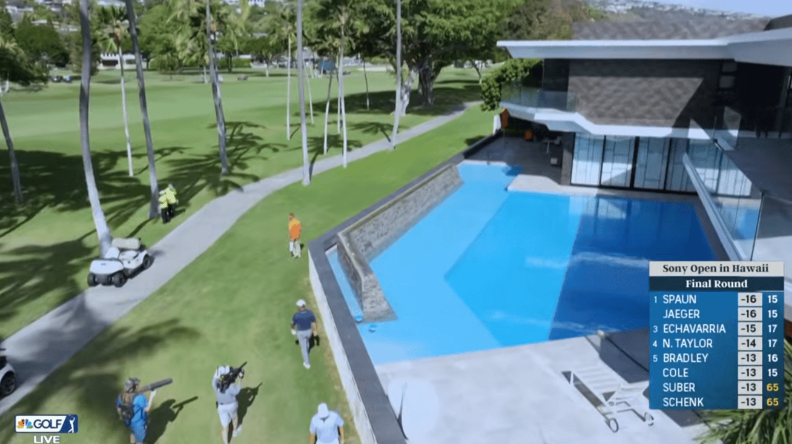Golfer searching for his ball by a swimming pool