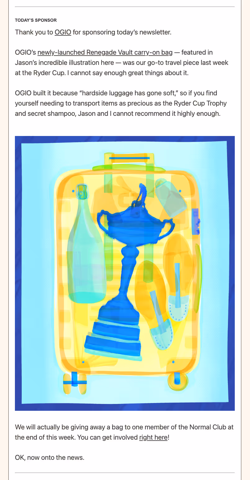 OGIO ad placement in the Normal Sport newsletter with branded copy and illustration