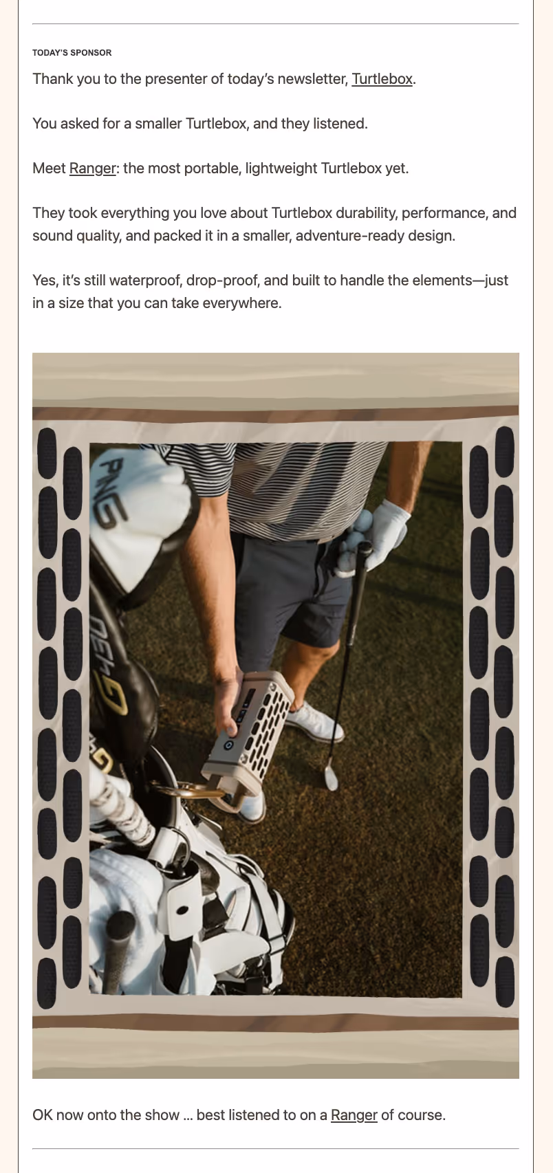 Turtlebox product feature and copy block in a Normal Sport newsletter