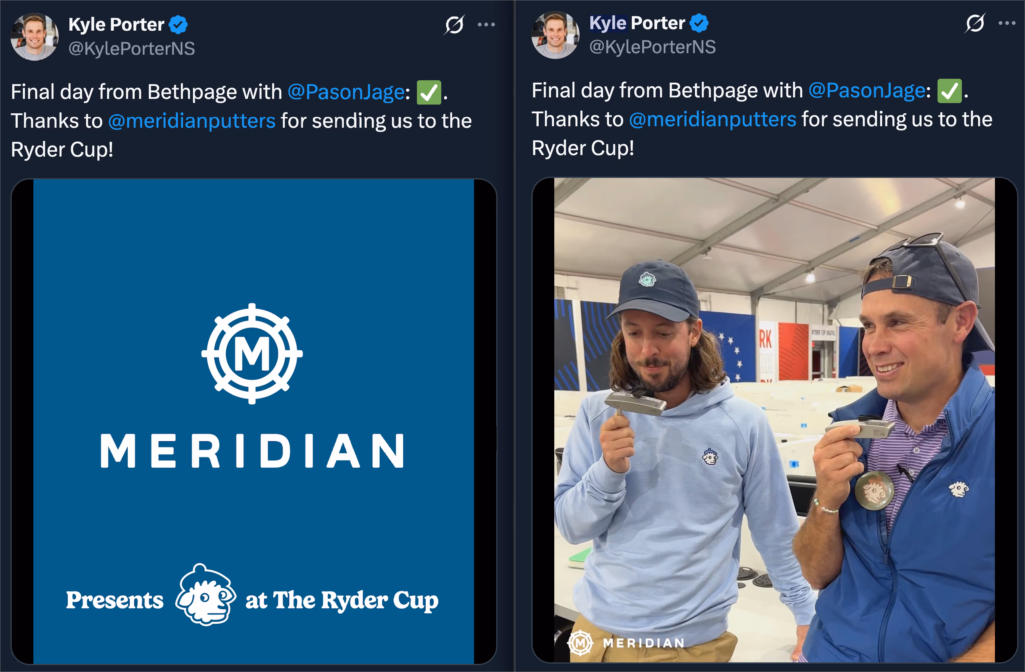 Meridian Putters Ryder Cup social posts with branding and on-site shots