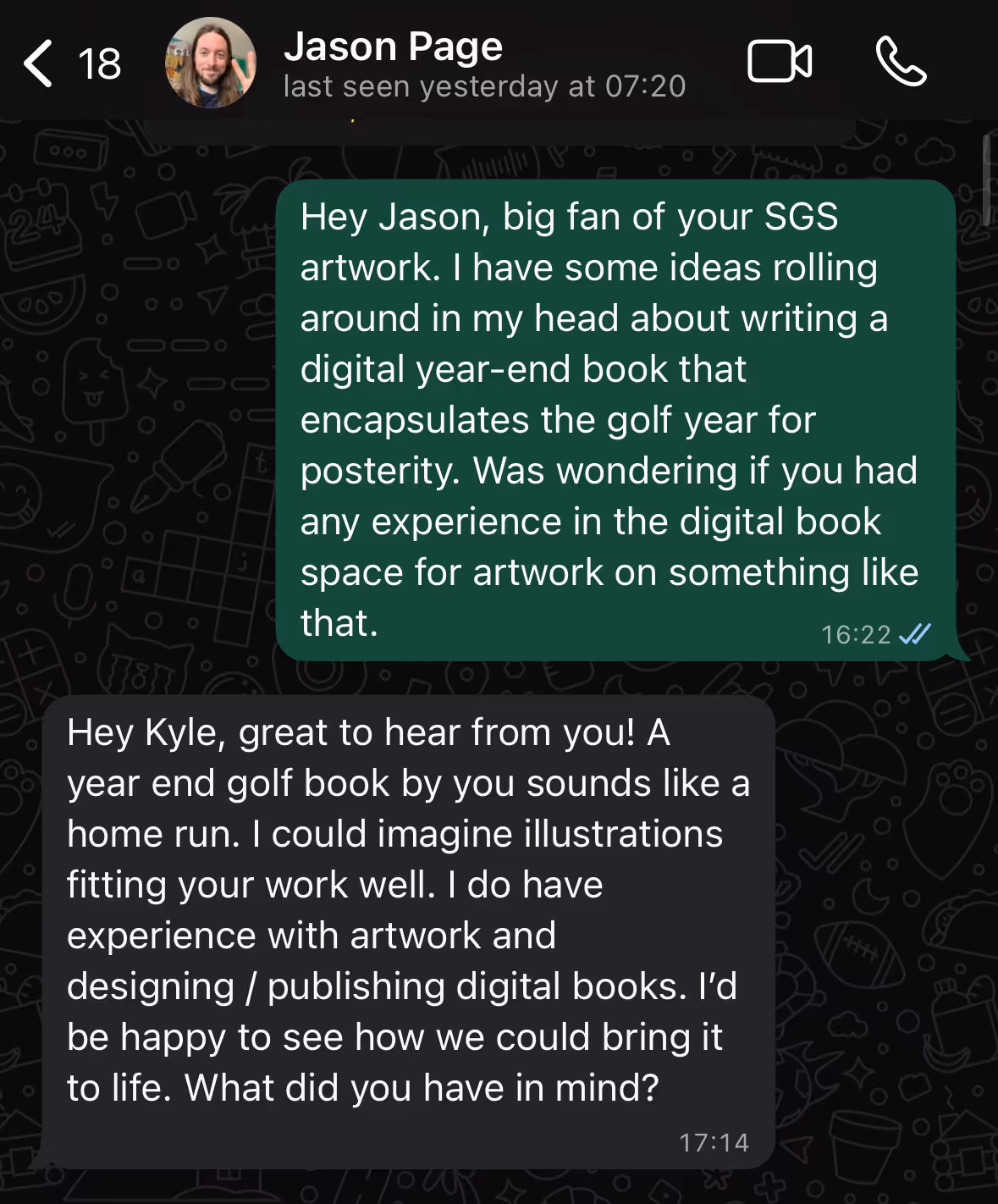 Screenshot of Kyle's very first message with Jason Page