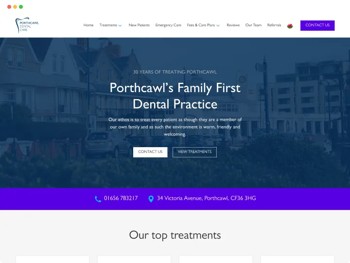 Website homepage for Porthcawl Dental Care highlighting family dental practice and contact details.
