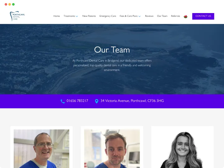 Website team page showing Porthcawl Dental Care header, contact info, and staff photos.
