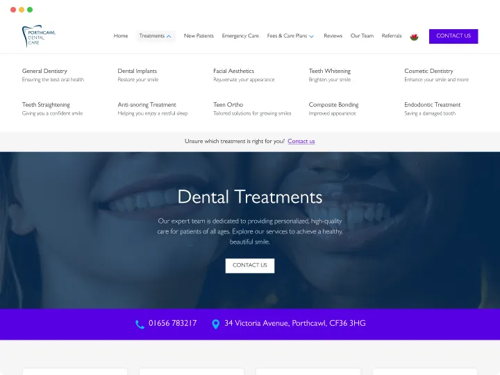 Website header for Porthcawl Dental Care showing dental treatment options and smiling faces.