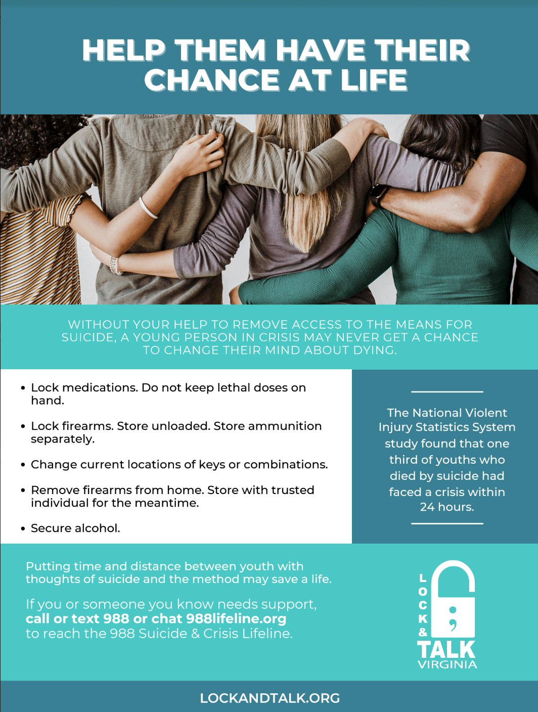 Text heavy. Diverse group of youth with arms wrapped around each other.