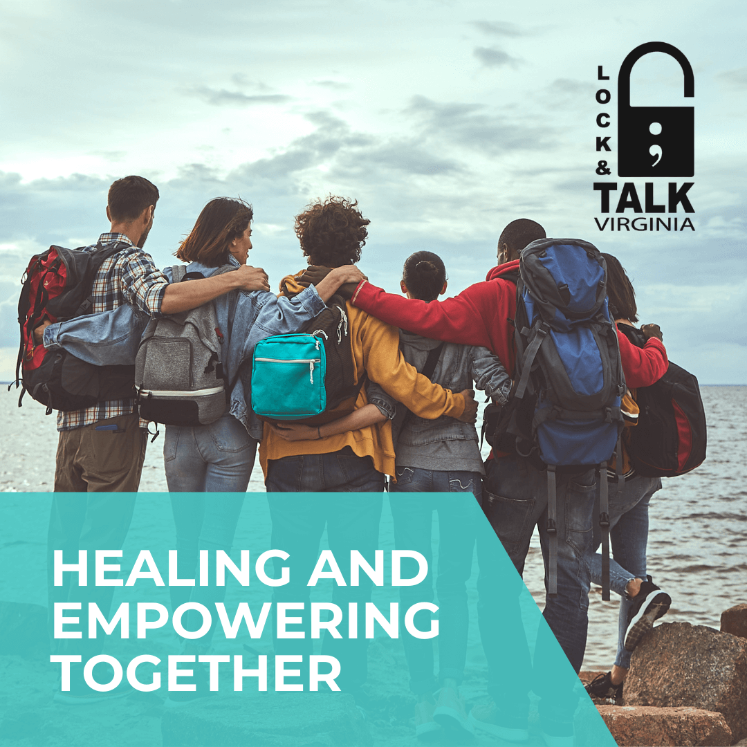 Diverse group of hiking friends hugging looking over water