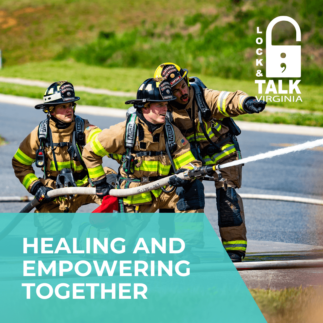 Three male firefighters holding a hose.