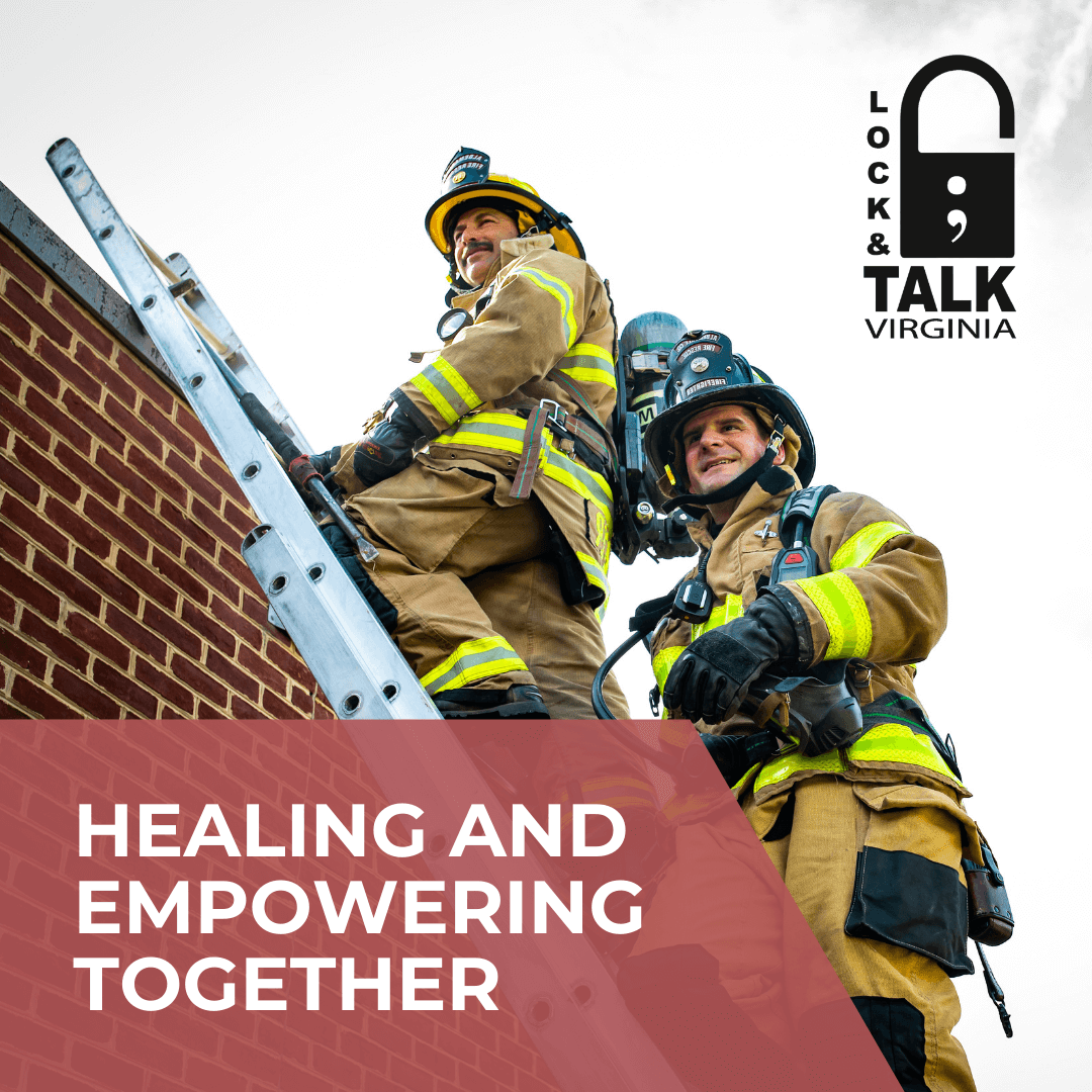 Two male firefighters climbing a ladder and looking to the side.