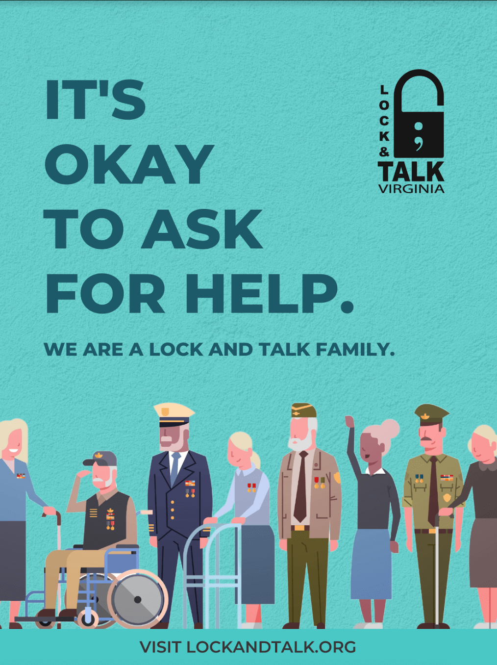 Cartoon of socially diverse veterans. Green text and green background.