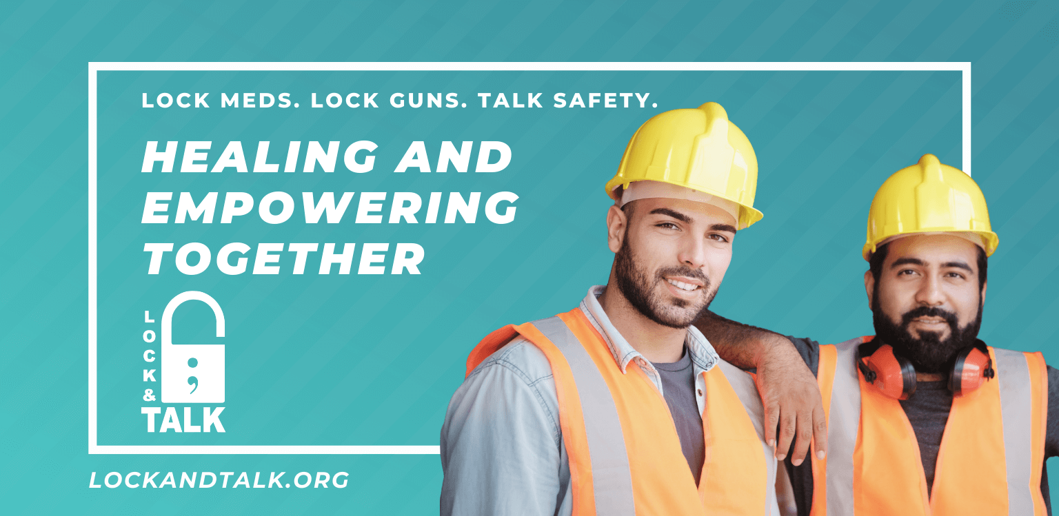 Two men smiling wearing hardhats and vests (laborer) (BIPOC)