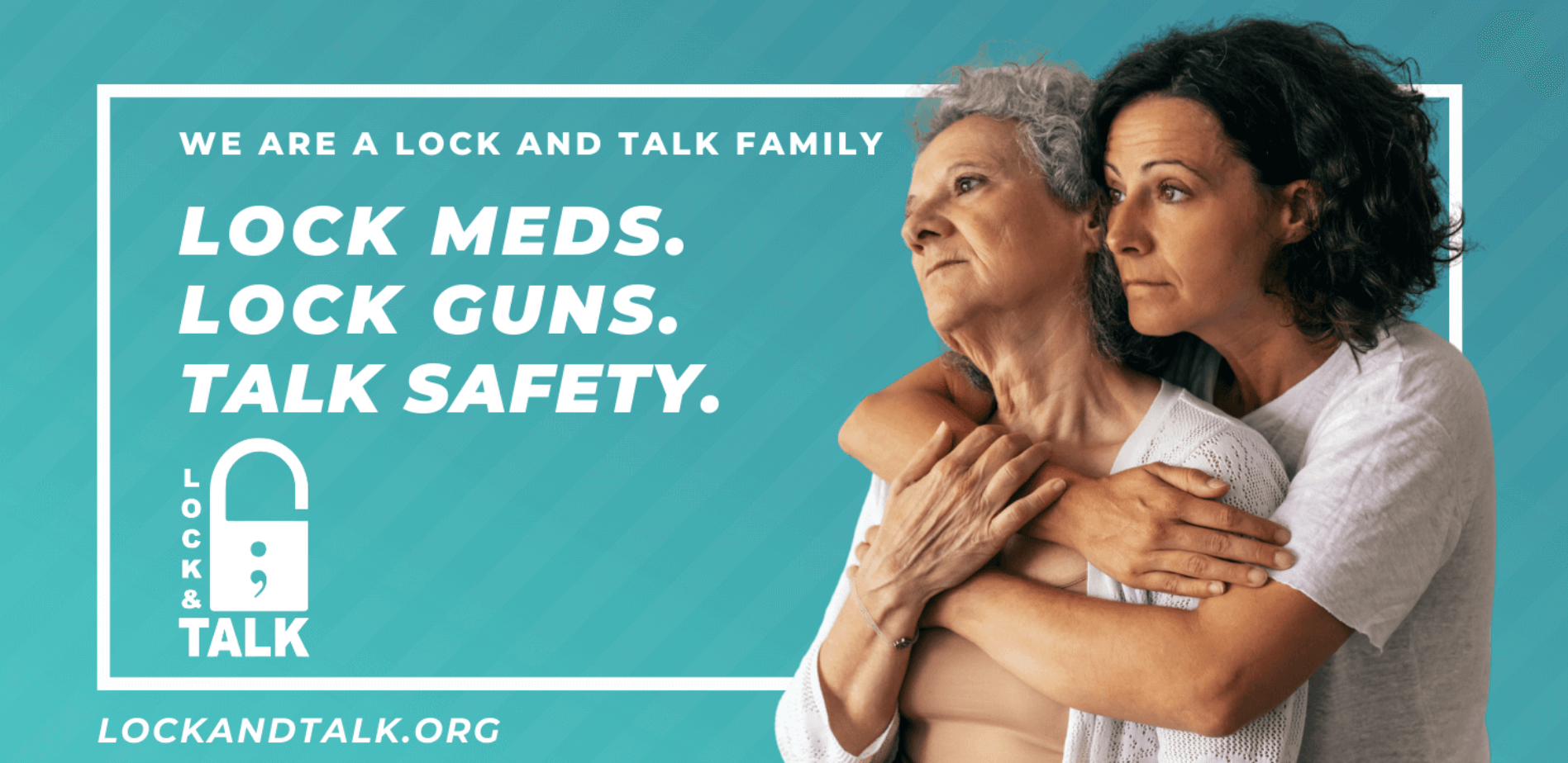 Mother and daughter hugging with serious faces.