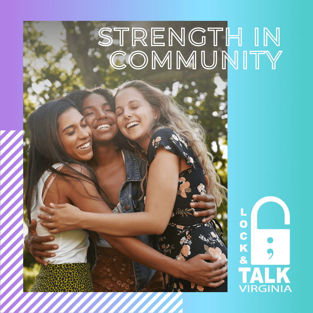 Three female friends hugging and smiling