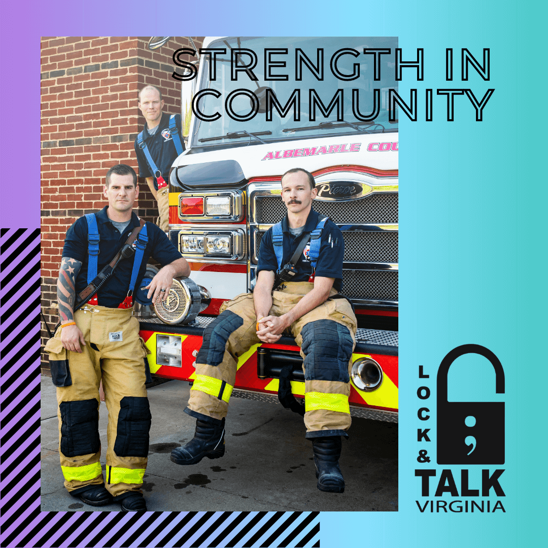 Three male firefighters sitting on fire truck