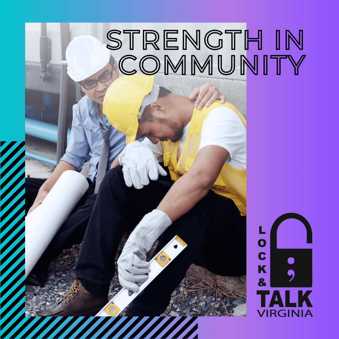 Coworker in hard hat and vest consoling coworker (laborer)