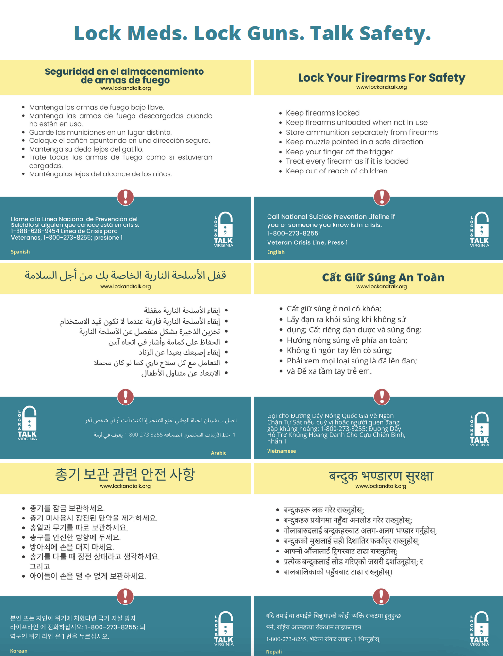 How to safely handle firearms in English, Spanish, Arabic, Vietnamese, Korean and Nepali.