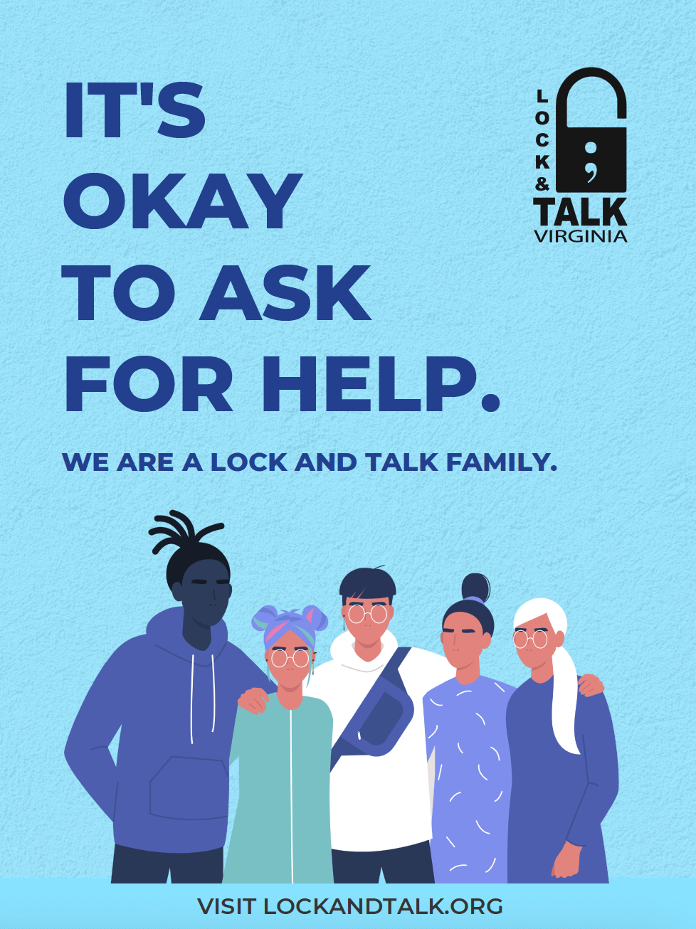 Cartoon socially diverse people. Blue text and blue background.