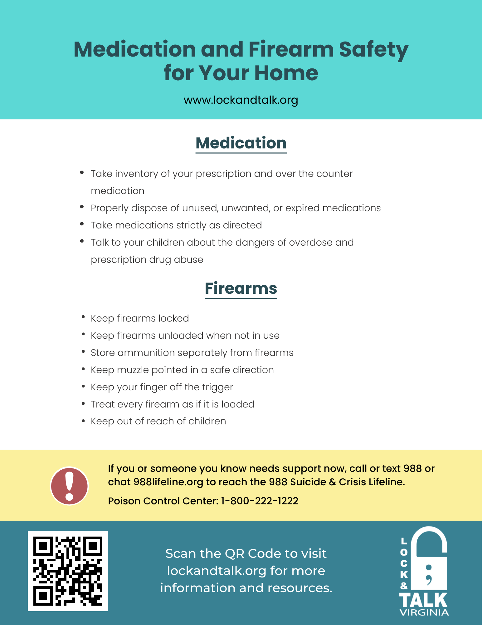 Combined safety for the home, both medication and firearm safety. QR code linked to lockandtalk.org