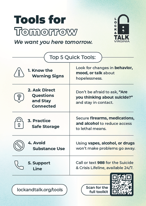 Top 5 Quick Tools for Suicide Prevention Month-- useful handout for tabling or trainings.