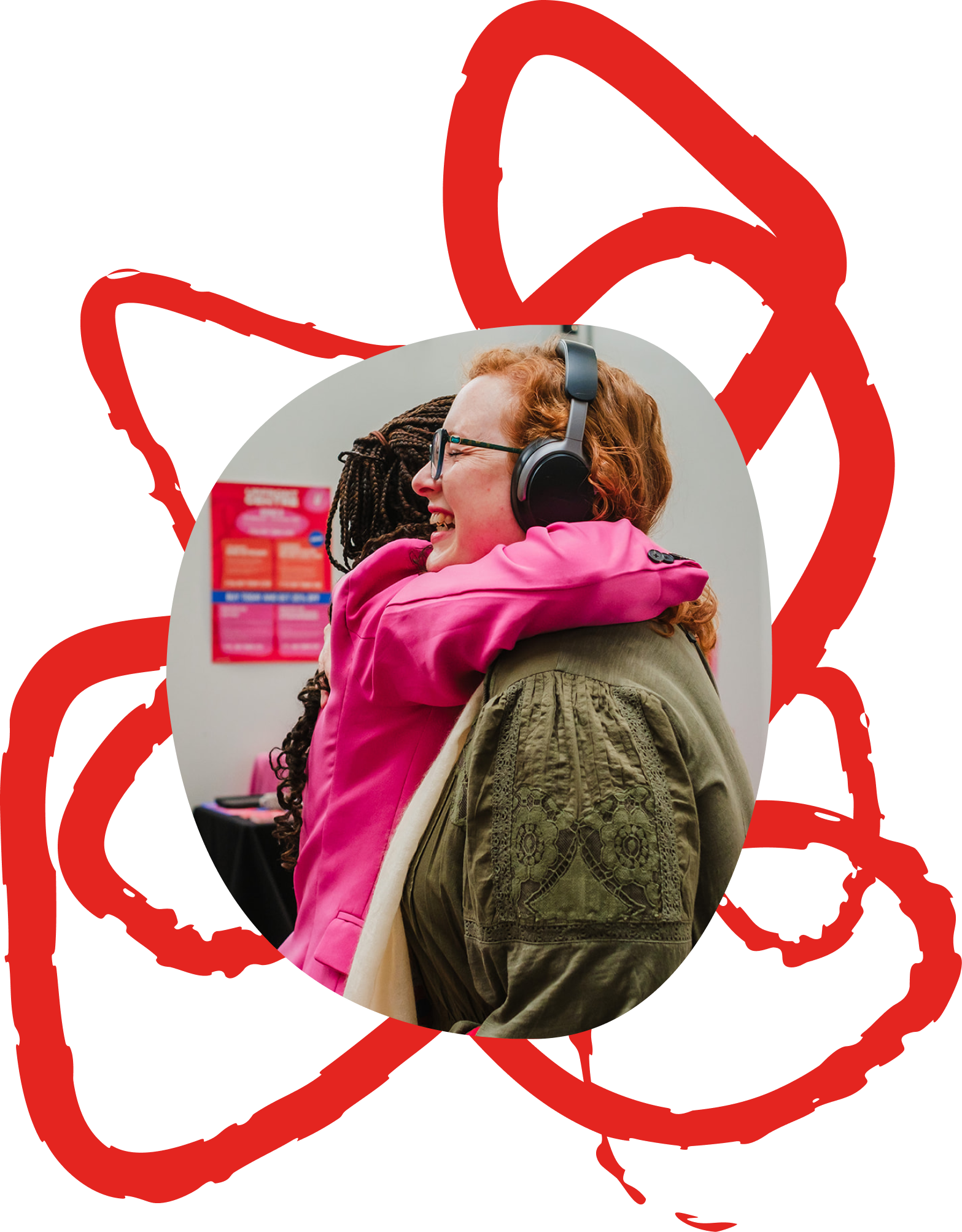 Image of two women hugging on a red decorative scribbly background