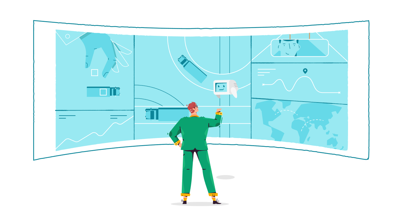 A man in a green suit reviews a curved wall of screens showing trucks, routes and a world map, from the Axon Terminal freight management video.