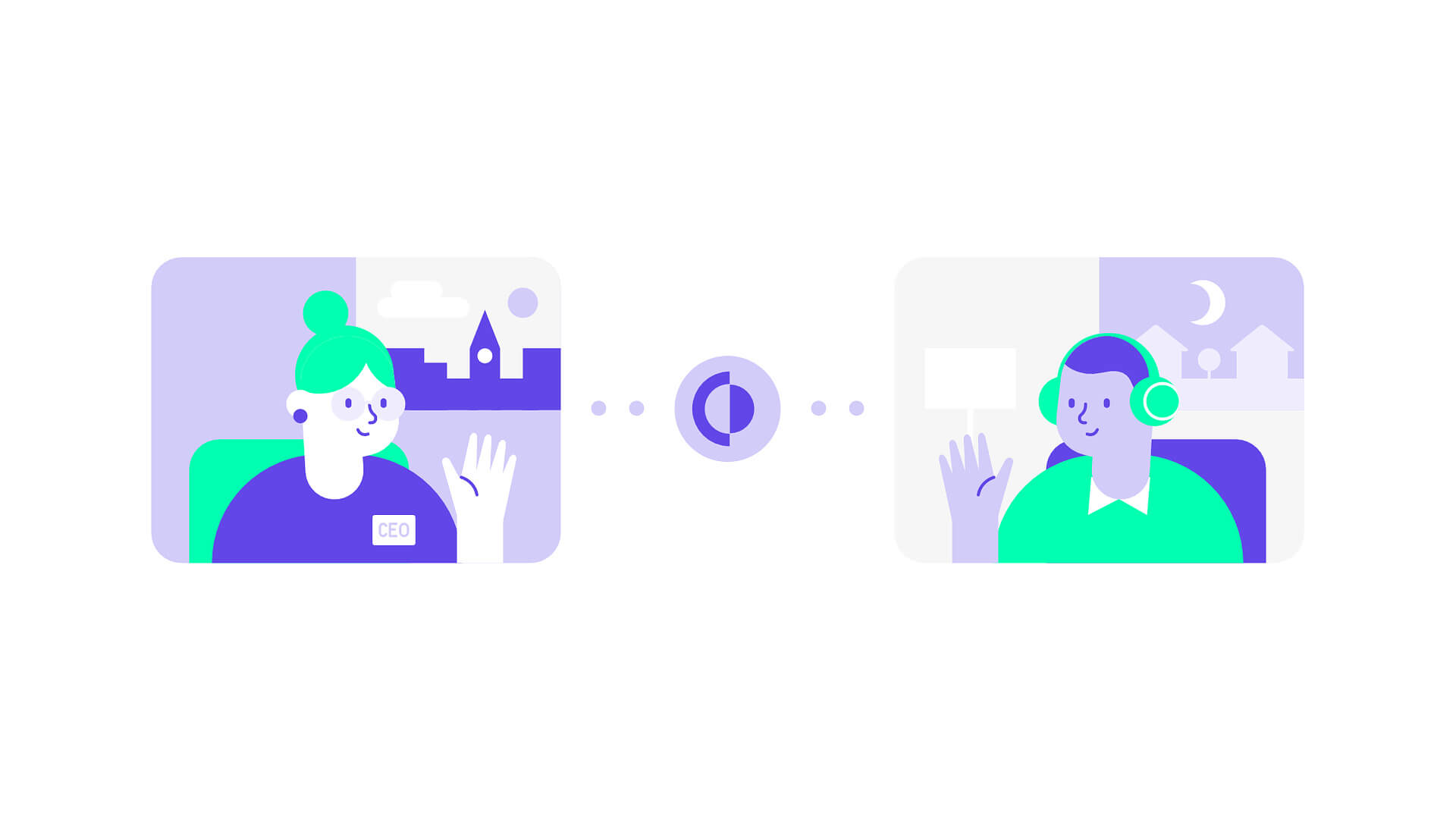 Still from Remote's explainer video: two colleagues on a video call across time zones, a CEO by day and a headset-wearing teammate at night, linked by the Remote logo.