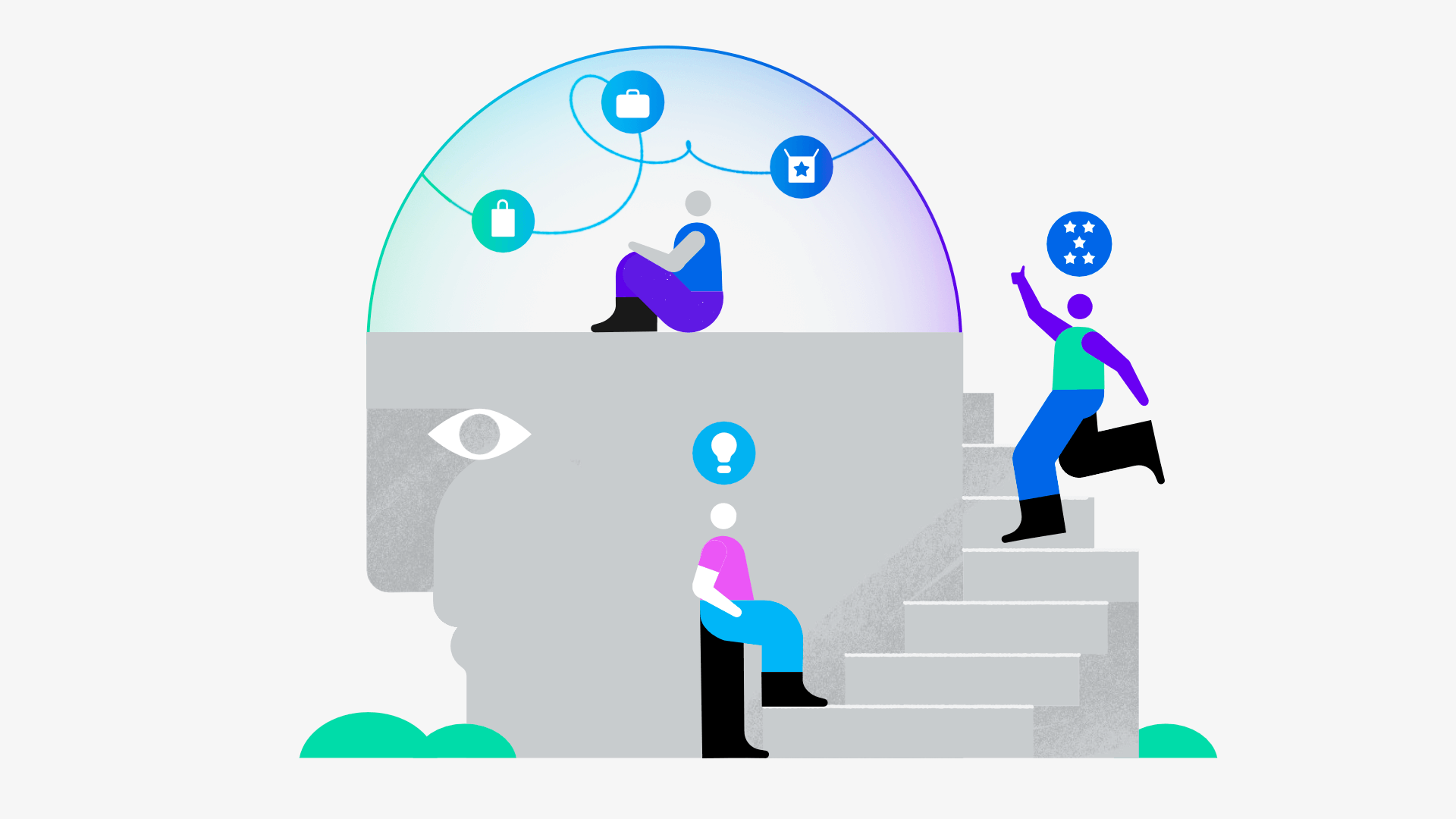 People sit and climb stairs around a giant head with a glowing dome of shopping and rating icons, from the Qualtrics XM series animated video.