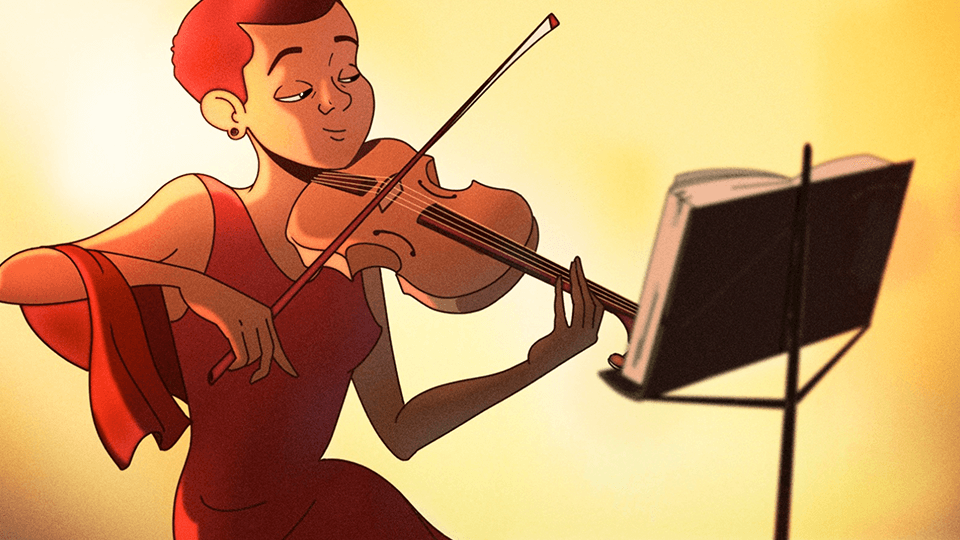 Still from the Orpheus Chamber Orchestra leadership video: a violinist in a red dress plays beside a music stand in warm golden light.