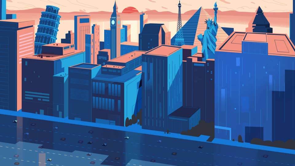 Stylised blue and coral cityscape mixing world landmarks like Big Ben, the Eiffel Tower and the Statue of Liberty, from the Ford developer series animated video.