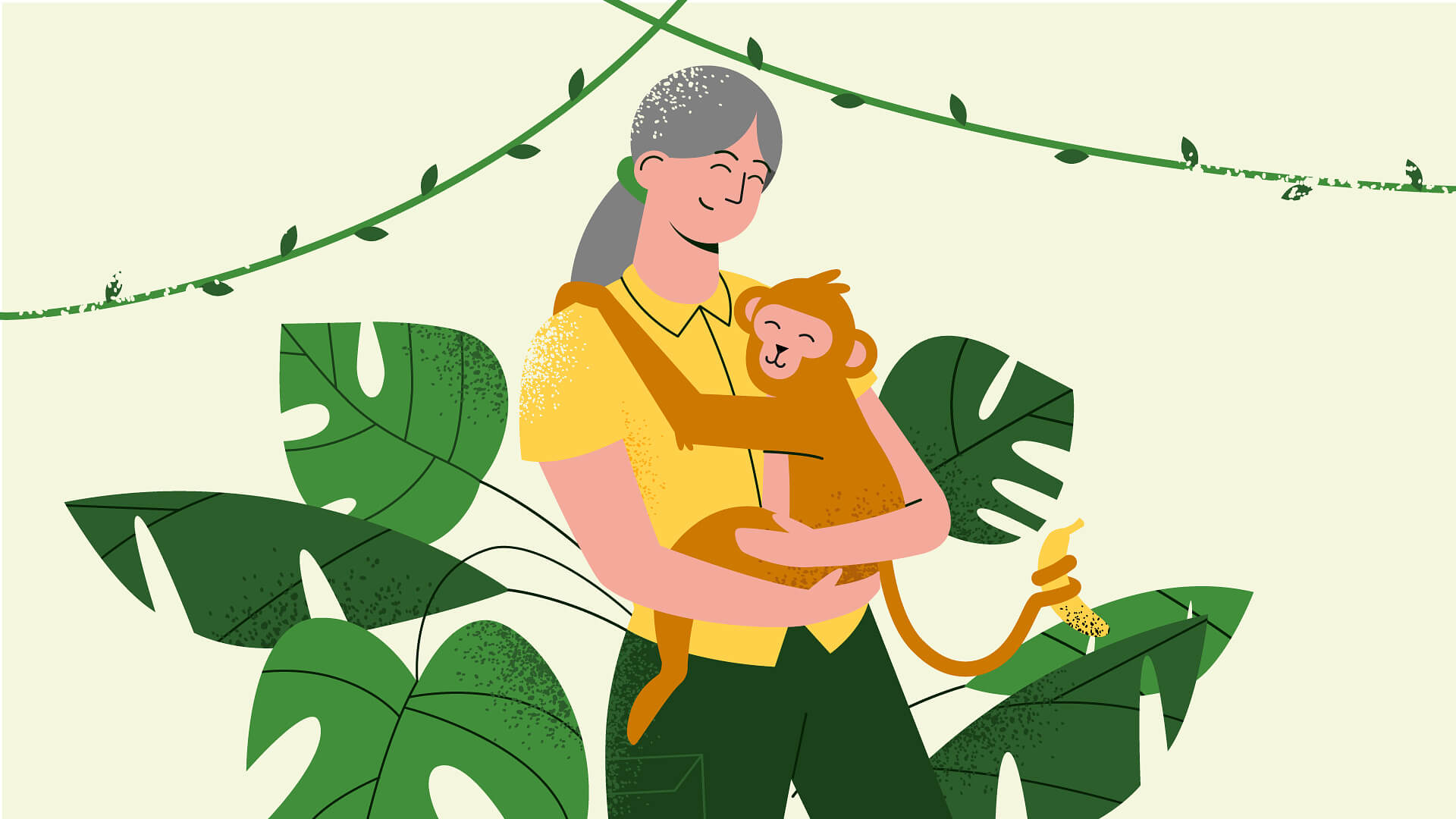 A grey haired woman in a yellow shirt cradles a smiling monkey holding a banana among jungle leaves, from the Neptune investor meeting animated video.