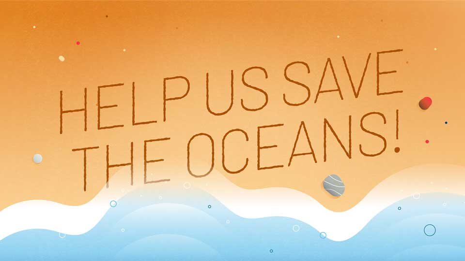 Hand drawn words help us save the oceans written in sand as a stylised wave rolls onto the beach, from the SeaLife Rescue ocean conservation video.