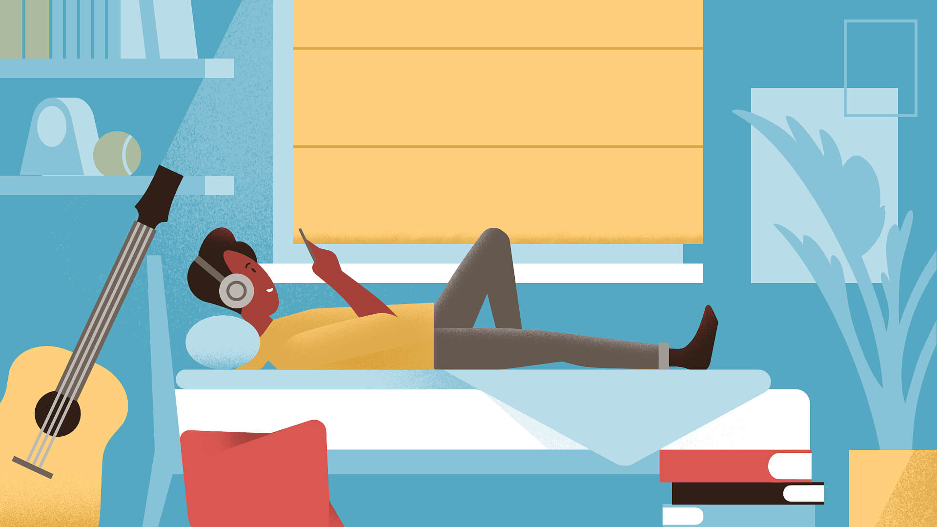 A teenager wearing headphones lies on a bed checking a phone beside a guitar and stacked books, from the Ginger parents animated video.