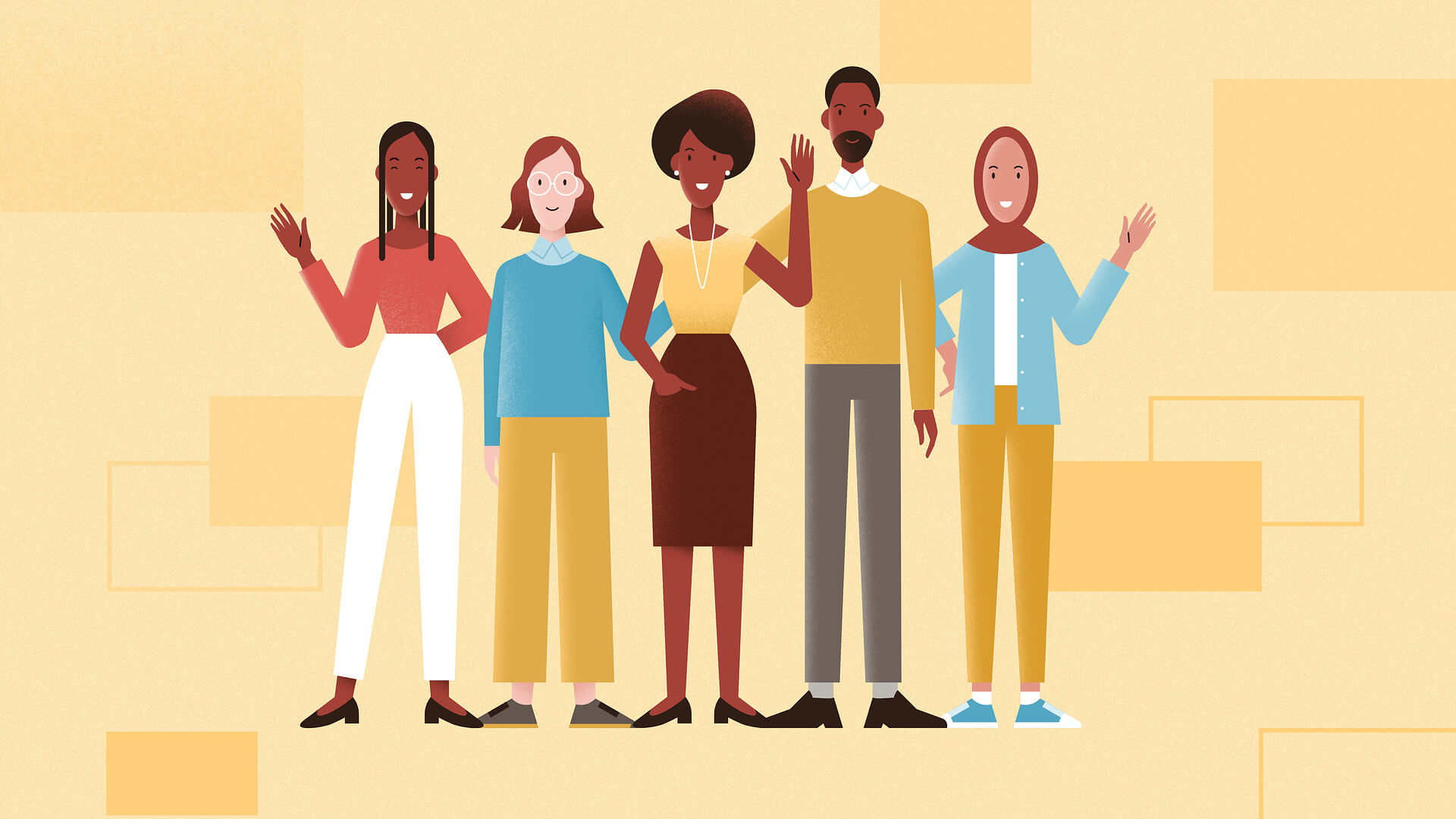 Five smiling colleagues from different backgrounds stand together waving on a warm yellow backdrop, from the Ginger recruitment animated video.
