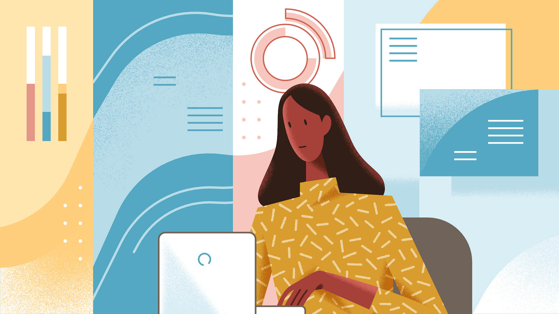 A woman in a patterned yellow top sits at a laptop surrounded by floating charts and message panels, from the Ginger mental healthcare animated video.