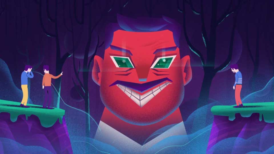 A giant grinning red face looms over small figures stranded on dark forest cliff ledges, from the eBonus ICO explainer animated video.