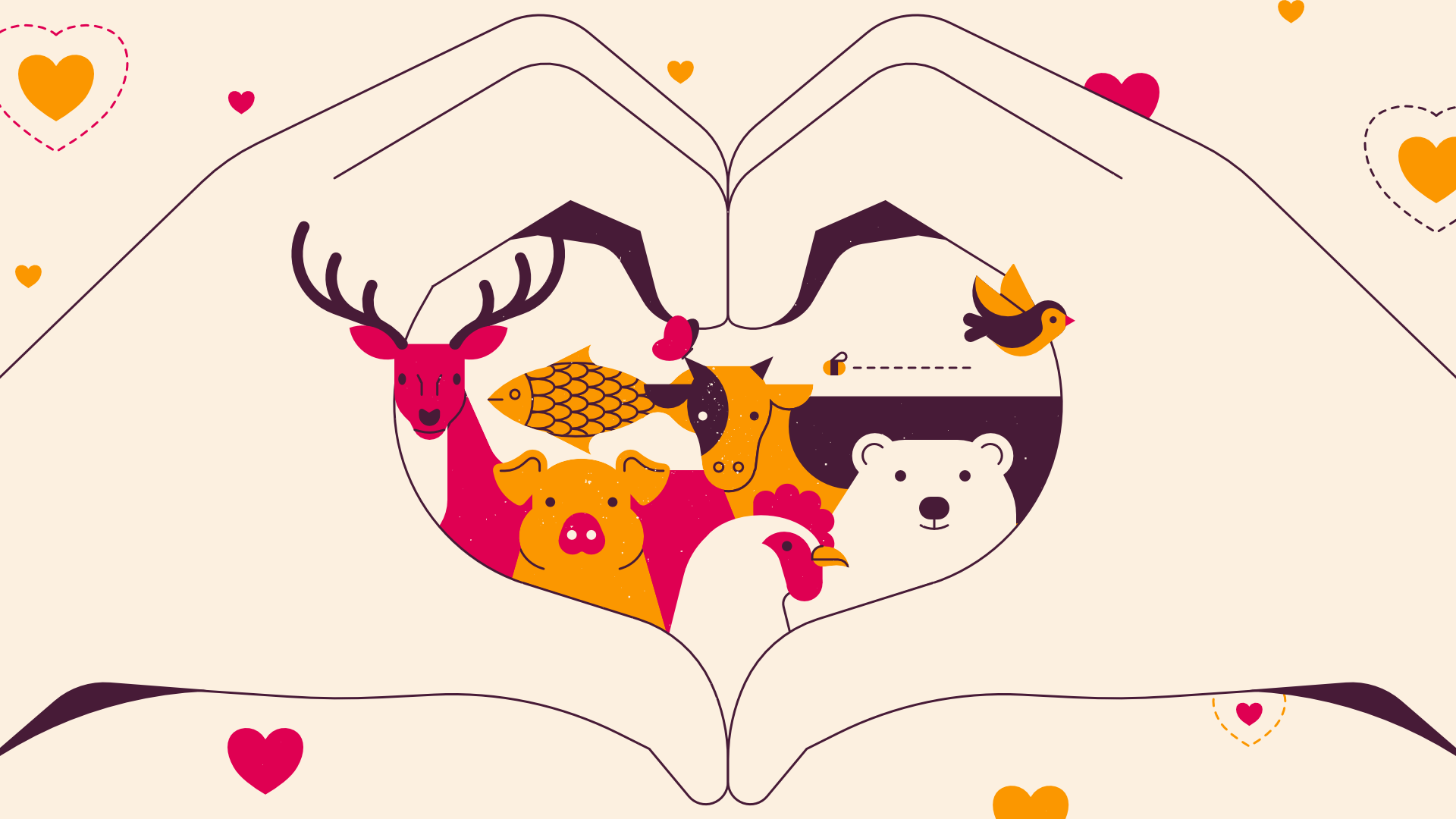 Two hands form a heart framing a deer, pig, fish, cow, hen and polar bear, from the Giving What We Can animal welfare animated video.