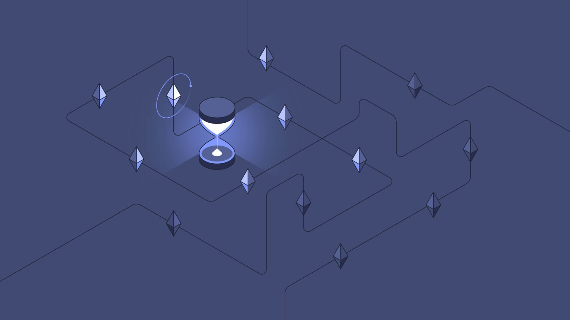 A glowing hourglass sits at the centre of a dark circuit maze dotted with crystal tokens, from the Orbs blockchain platform animated video.